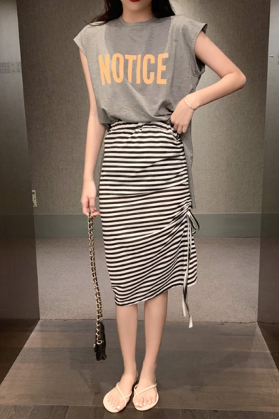 Summer Fashion High Waist Striped Printed Drawstring Side Loose Midi Skirt