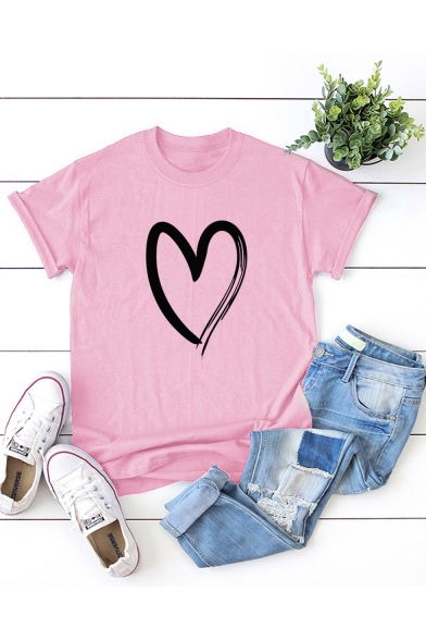 Summer Fashion Simple Heart Print Short Sleeve Round Neck Cotton T-Shirt