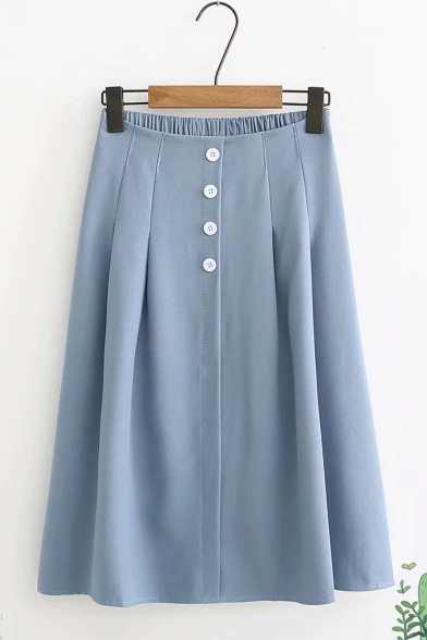 Summer Hot Popular Elastic Waist Plain Button Front Midi Flared A-Line Skirt