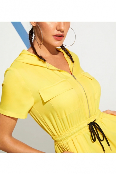 Summer Hot Stylish Yellow Short Sleeve Drawstring Waist Flap Pocket Zipper Front Hooded Rompers