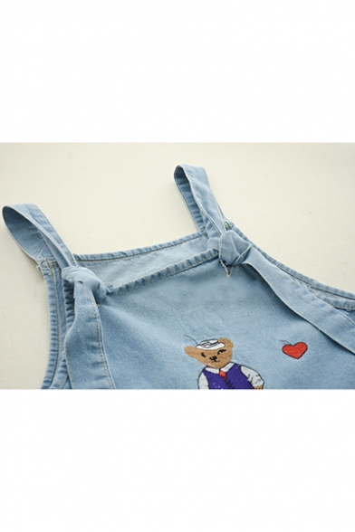 Summer New Arrival Heart Bear Embroidered Ankle Length Denim Overall Jeans