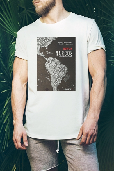 Summer New Trendy Letter NARCOS Map Print Short Sleeve Round Neck Graphic T-Shirt