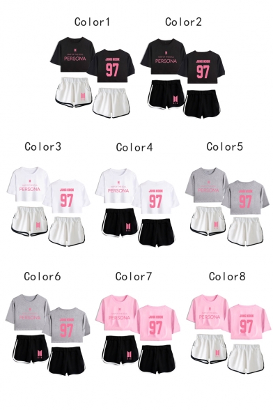 Summer's Casual Letters 97 Print BTS Idol Short Sleeve Crop Tee with Dolphin Shorts Co-ords
