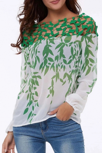 Summer Stylish Leaf Pattern Long Sleeve Casual Loose Green Blouse for Women
