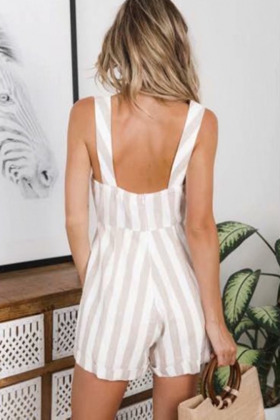 Summer Trendy Straps Sleeveless Vertical Striped Print Casual Loose Rompers
