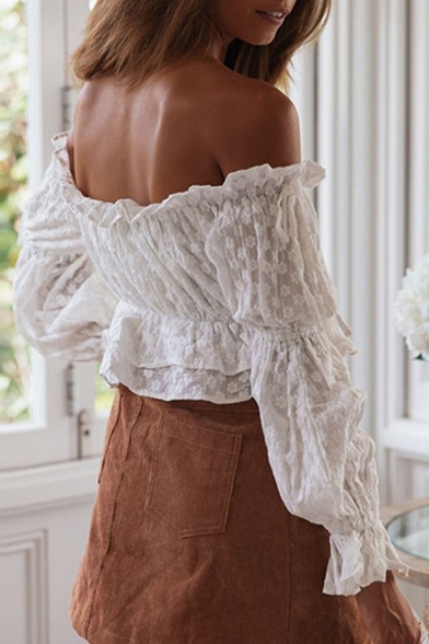 Summer Womens Holiday Beach Fashion Ruffled Hem Long Sleeve Boho Style White Off Shoulder Blouse