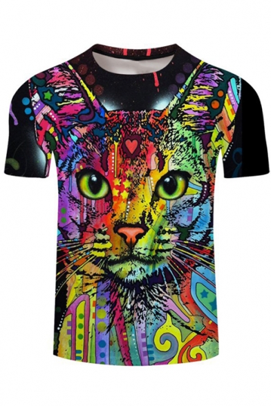 Trendy Mens Short Sleeve Round Neck Multicolor Cat Printed Classic Pullover Tee
