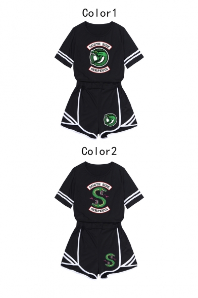 Trendy Snake Logo Printed Short Sleeve Tee with Shorts Black Sport Co-ords