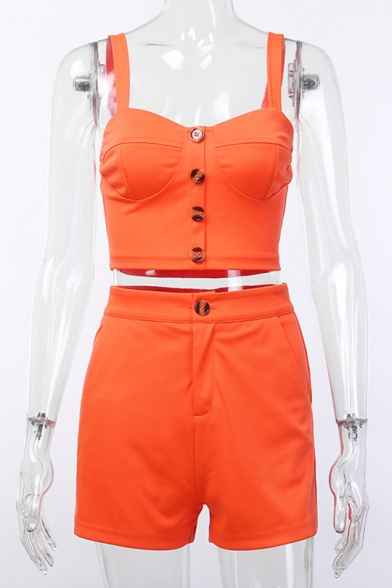 Trendy Summer Button Plain Strap Crop Tops with Tailored Shorts Co-ords for Women