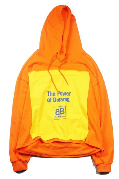 Unisex Designer Fashion Colorblock Patched Letter THE POWER OF DREAMS Printed Long Sleeve Orange Drawstring Hoodie