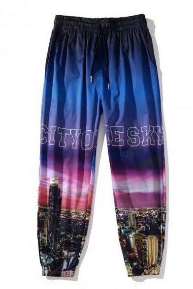 Unisex Street Trendy Ombre Color Letter CITY SKY Night View Printed Drawstring Waist Casual Loose Track Pants