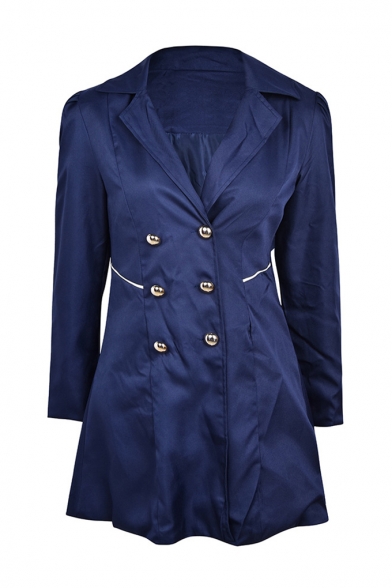 Vintage Women Notch Lapel Collar Double Breasted Solid Longline Trench Coat with Pocket