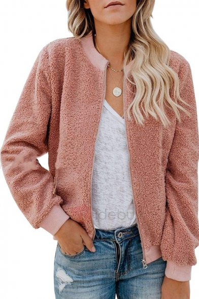 Warm Solid Color Design Stand Collar Long Sleeve Zipper Short Shearling Jacket