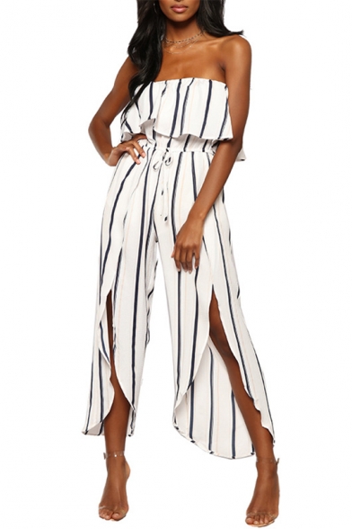 White Striped High Waist Strapless Sleeveless Slit Front Wide Leg Loose Bandeau Jumpsuits