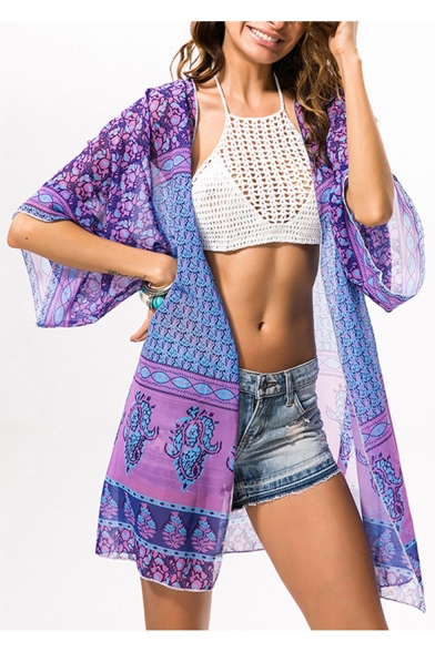 Woemns Summer Boho Style Holiday Beach Chiffon Kimono Blouse