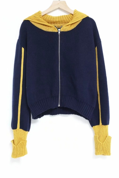Women Fashion Lapel Collar Color Block Soft Knit Fitted Zipper Cardigan Coat