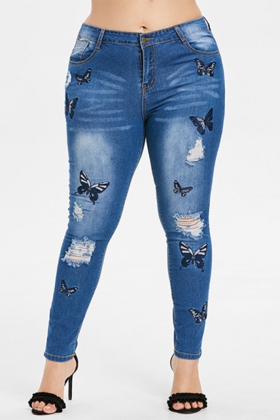 

Women High Waist Butterflies Embroidered Distressed Blue Skinny Jeans, LM557802