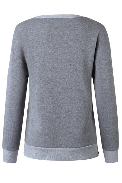 Women's Plain Long Sleeves Split Side Button Embellished Pullover Loose Sweatshirt