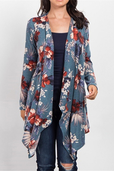 Womens Casual Floral Print Long Sleeve Open Front Asymmetrical Waterfall Cardigan