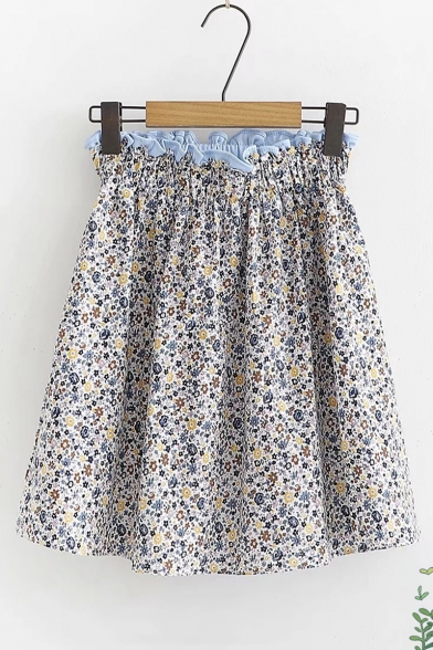 Womens Chic Paperbage Waist Floral Printed Mini Flared A-Line Skirt