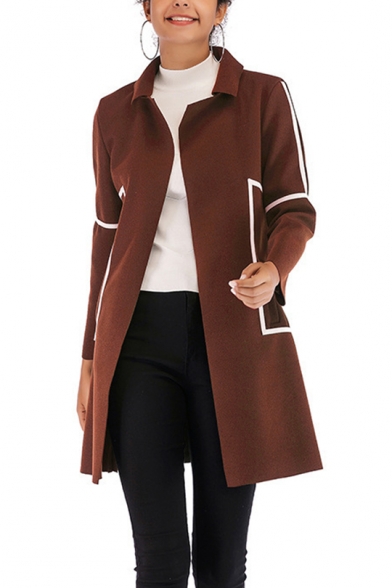 Womens Fashion Contrast Stripe Printed Lapel Collar Long Sleeve Open Front Woolen Overcoat