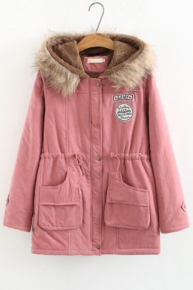 army coat with pink fur hood