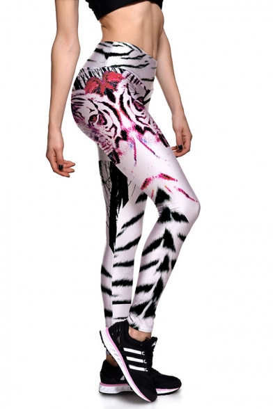 Womens High Waist Tiger Stripes Printed Letter White Full Length Leggings