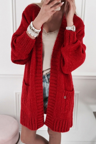 Womens Plain Bloomer Sleeve Ribbed Knit Cardigan Coat