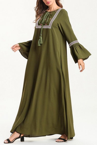 Womens New Fashion Round Neck Bell-Cuff Floral Geometric Pattern Bow-Tied Tassel Green Shift Maxi Dress