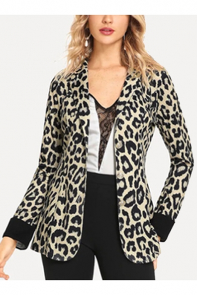Womens New Stylish Leopard Printed Notched Lapel Collar Long Sleeve Button Down Blazer Jacket Coat