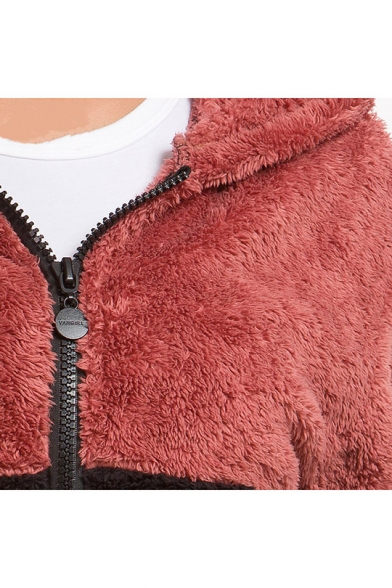 Womens New Trendy Color Block Two-Tone Long Sleeve Hooded Shearling Fluffy Fleece Zip Up Coat