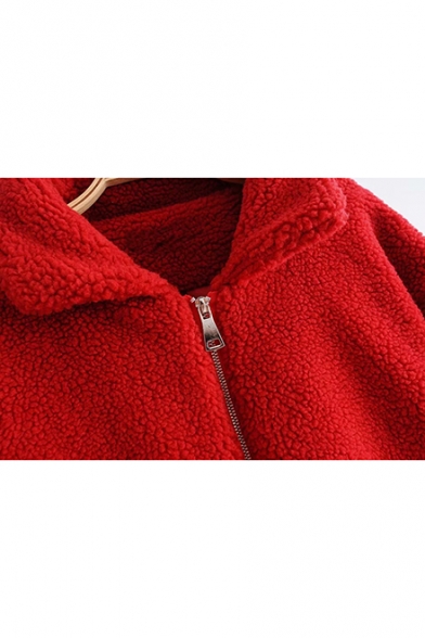 Womens New Trendy Plain Long Sleeve Lapel Collar Shearling Fluffy Fleece Zip Up Coat