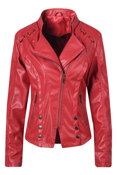 Womens Plain Lapel Collar Long Sleeve Zipper Front Button Embellished PU Biker Jacket