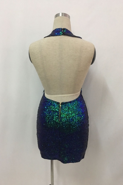 Womens Sexy Halter Sleeveless Green Sequined Zip Backless Eneving Bodycon Mini Dress