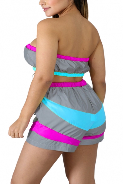Womens Sexy Patchwork Reflect Light Strapless Sleeveless Bandeau Tops with Elastic Short Co-ords