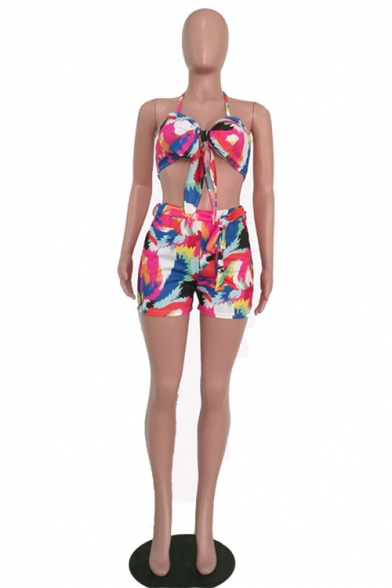 Womens Sexy Summer's Multicolor Print Sleeveless Halter Camisole with Belted Shorts Co-ords