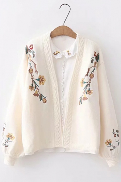 Womens Stylish Bloomer Sleeve V Neck Floral Embroidered Knitted Cardigan