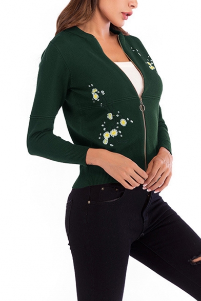 Womens Stylish Floral Embroidered Print Round Neck Zipper Long Sleeve Fitted Cardigan