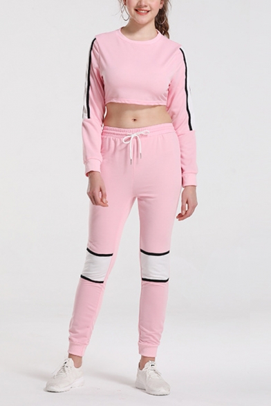 Womens Stylish Pink Stripe Long Sleeve Crop Sweatshirt with Slim Fit Pants Sports Co-ords