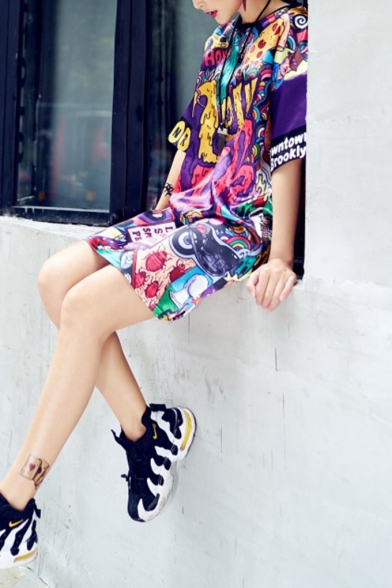 Womens Summer New Trend Hip-Hop Character Print Round Neck Short Sleeve Loose Midi Shift T-Shirt Dress
