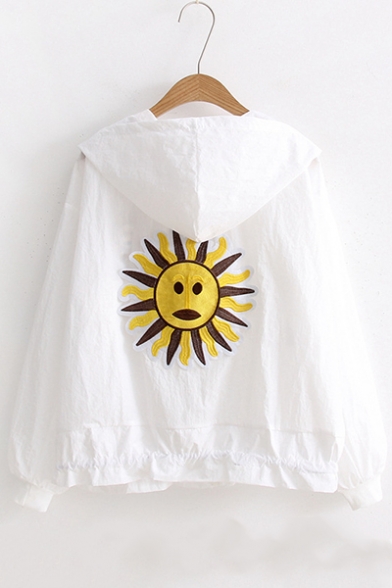Womens Summer White Funny Cartoon Sunflower Embroidery Flap Pocket Front Zip Up Hooded Sunscreen Coat