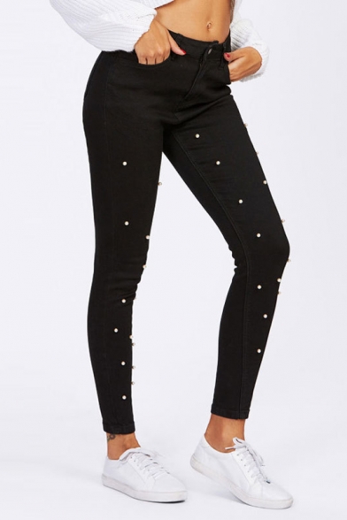 Womens Trendy Beading Embellished Stretch Fitted Black Denim Jeans