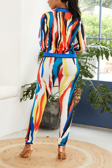 Womens Trendy Colorful Stripe Printed Long Sleeve Zip Up Jacket with Slim Fit Pants Two-Piece Set