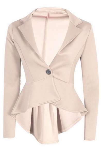 Womens Trendy Solid Color Notched Lapel Collar Single Button Dipped Ruffled Hem Slim Blazer Jacket