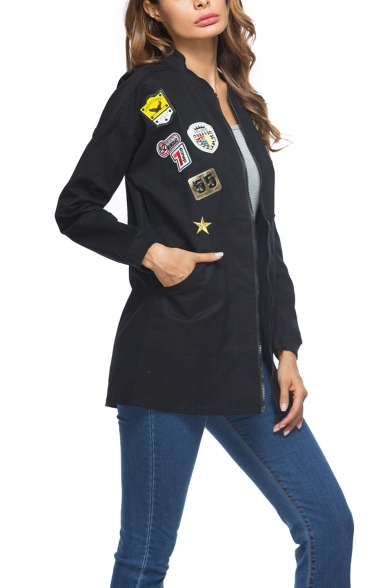 Womens Unique Badge Patched Long Sleeve Zip Up Tunic Fitted Jacket