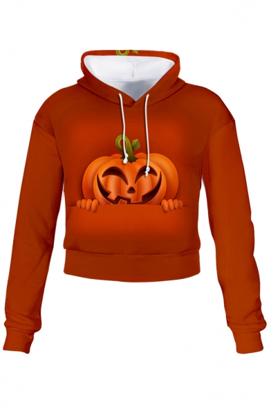 3D Pumpkin Printed Long Sleeve Halloween Series Drawstring Cropped Hoodie