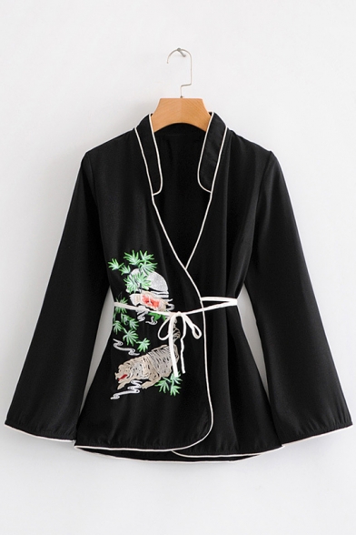 Artistic Embroidery Floral Print Stand Collar Tied Waist Black Loose Jacket Coat