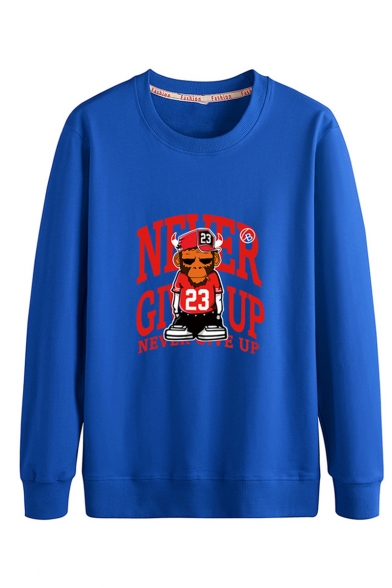 Cartoon Monkey NEVER GIVE UP Letter Printed Round Neck Long Sleeve Casual Sports Sweatshirts