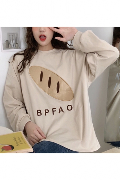 Chic Bread BPFAO Letter Embroidered Round Neck Long Sleeve Apricot Loose Sweatshirt