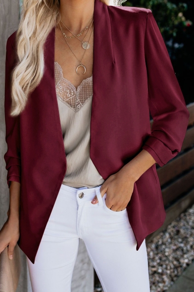 Chic Solid Color Collarless Open Front Long Sleeve Blazer Coat